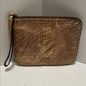 Patricia Nash Metallic Gold Leather Woven Clutch with Wrist Strap